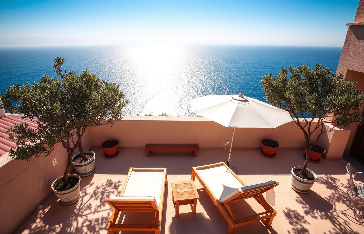 Terraza mediterránea de un apartamento turístico en Ibiza al atardecer