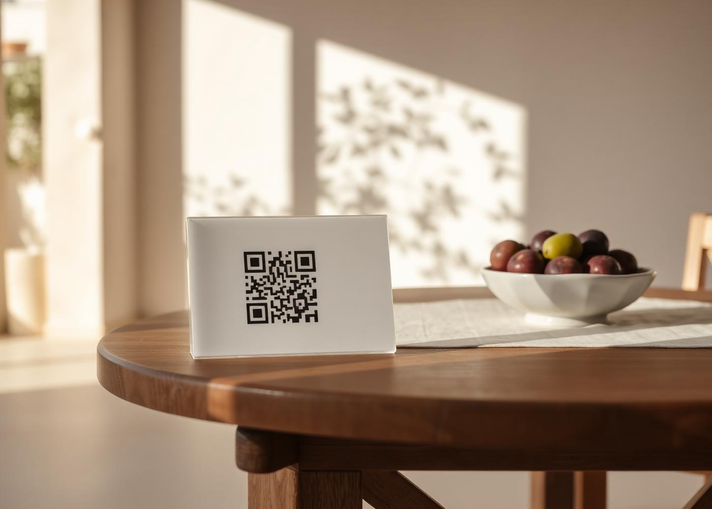 Placa QR sobre una mesa de madera dentro de una villa mediterránea iluminada por la luz natural